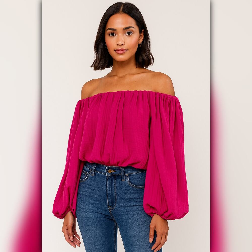 A391 • Hot Pink Off Shoulder Long Sleeve Blouse